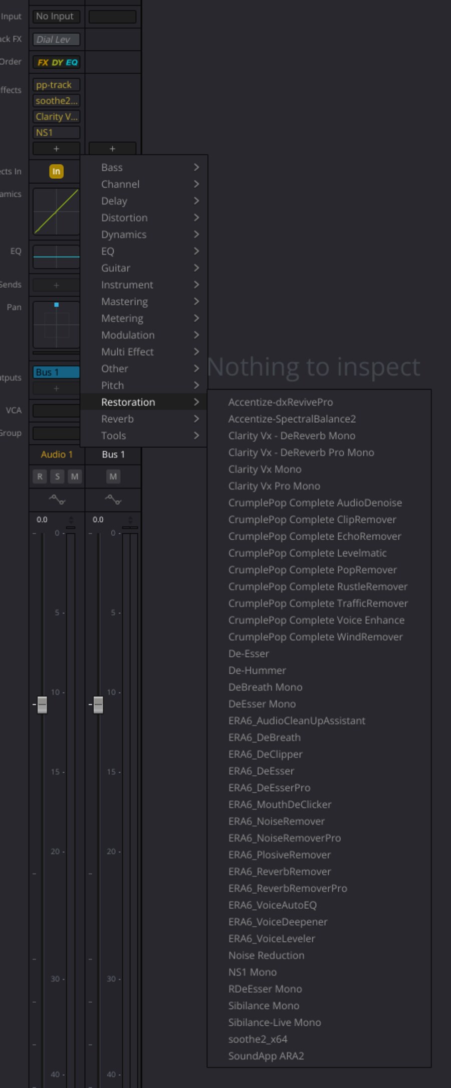 The Restoration menu in Resolve, showing third-party plugins listed alongside Blackmagic's own De-Esser and Noise Reduction